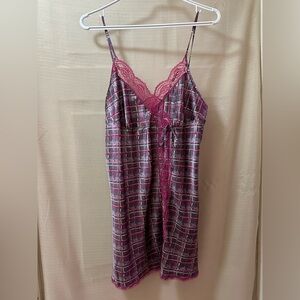Victoria’s Secret Angels Satin Lace Slip Dress Plaid Grey Pink Size M